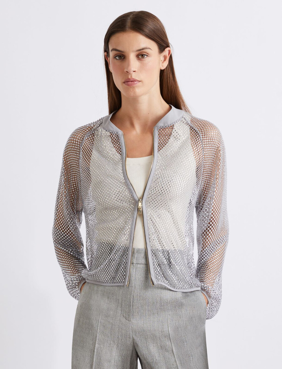 blousonjacka med strassmönster i mesh - grÅ