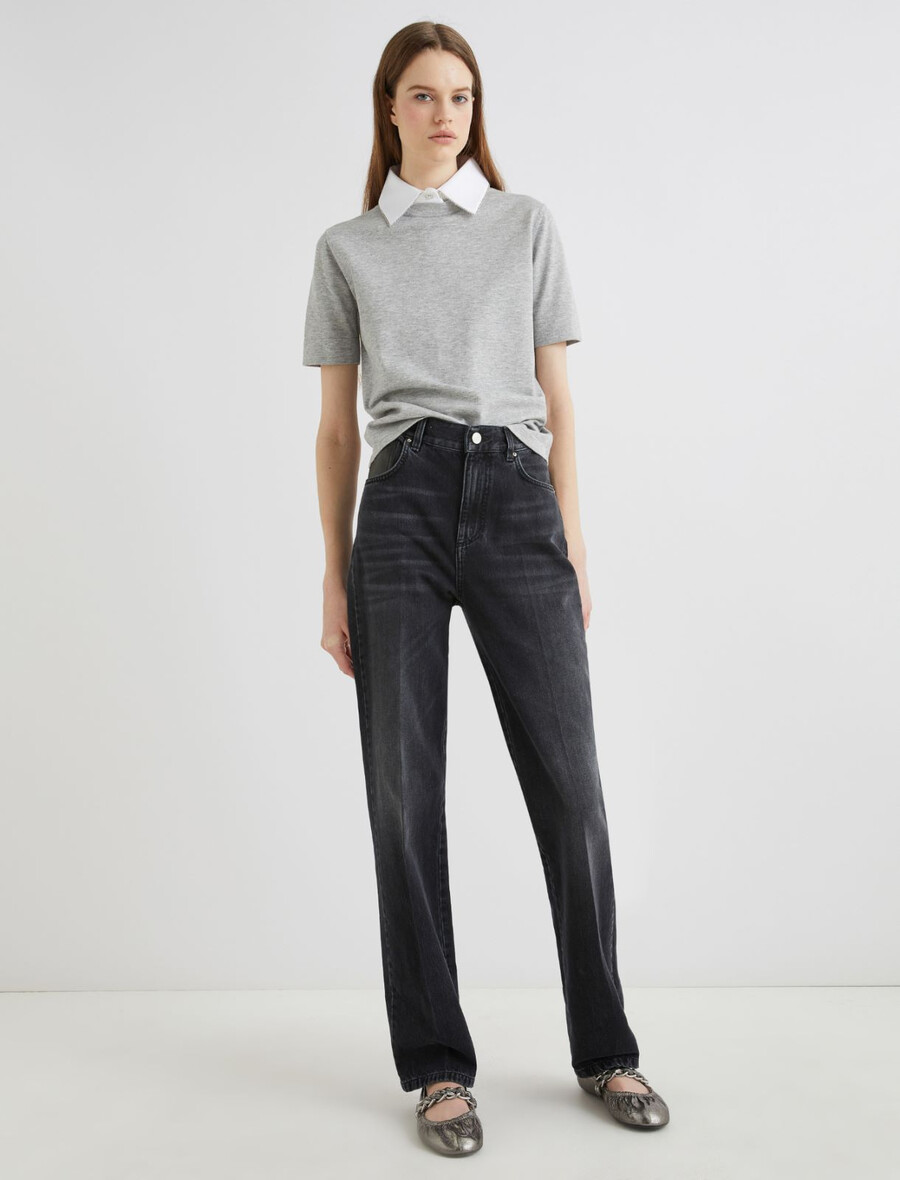 toppstickade jeans med vida ben - svart