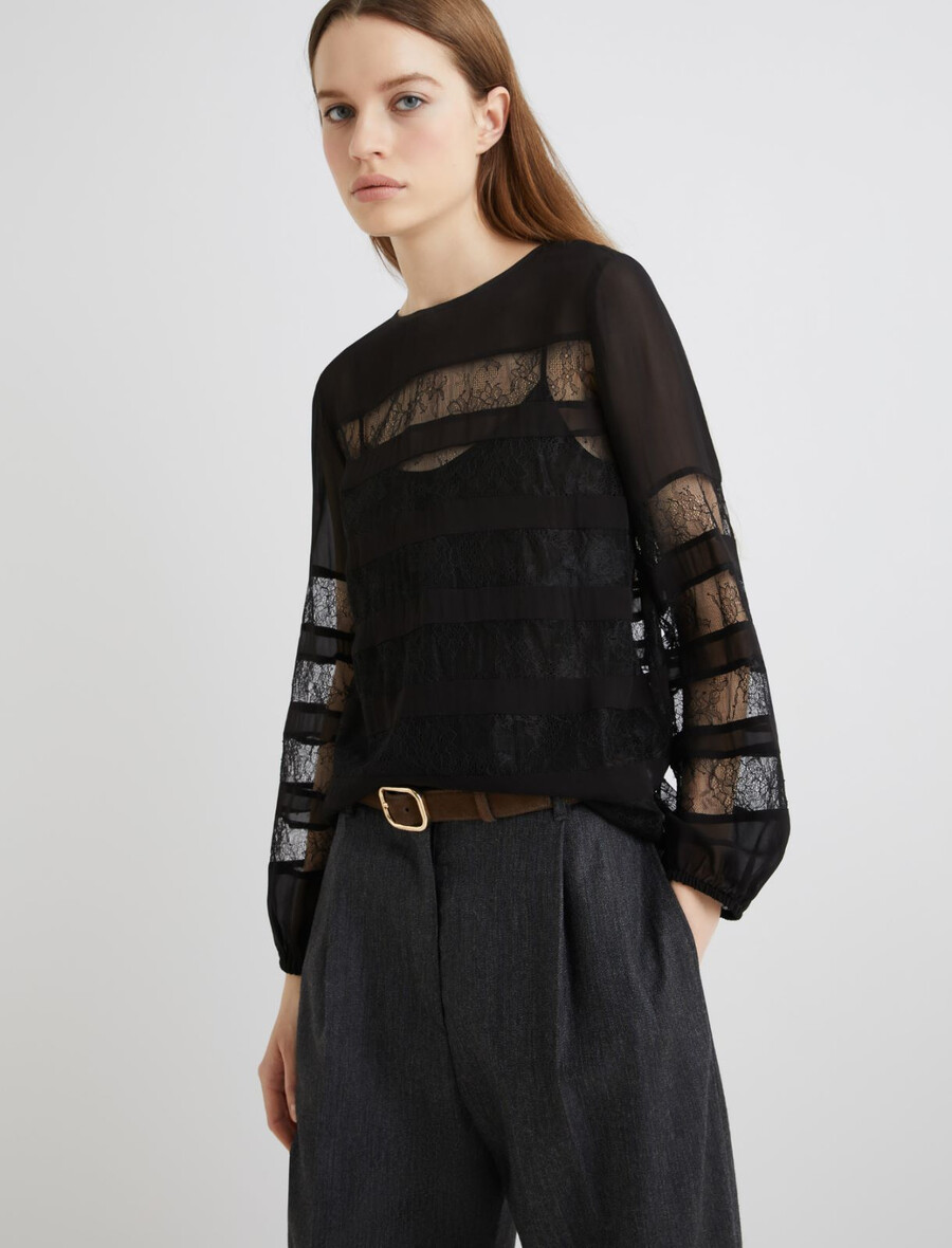 georgetteblus med spetsdetalj - svart