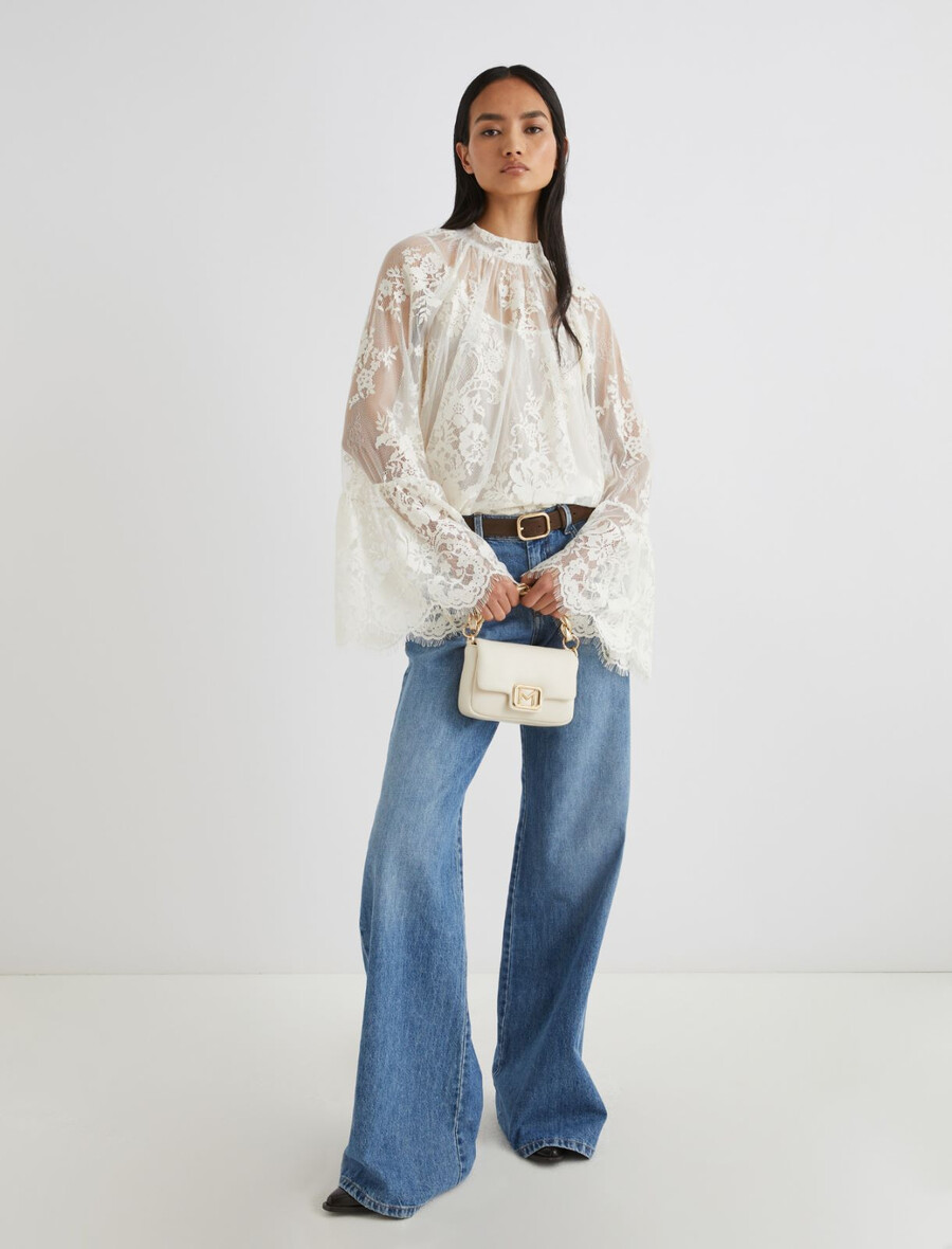 blus med vågig chantilly-spets - crÈme