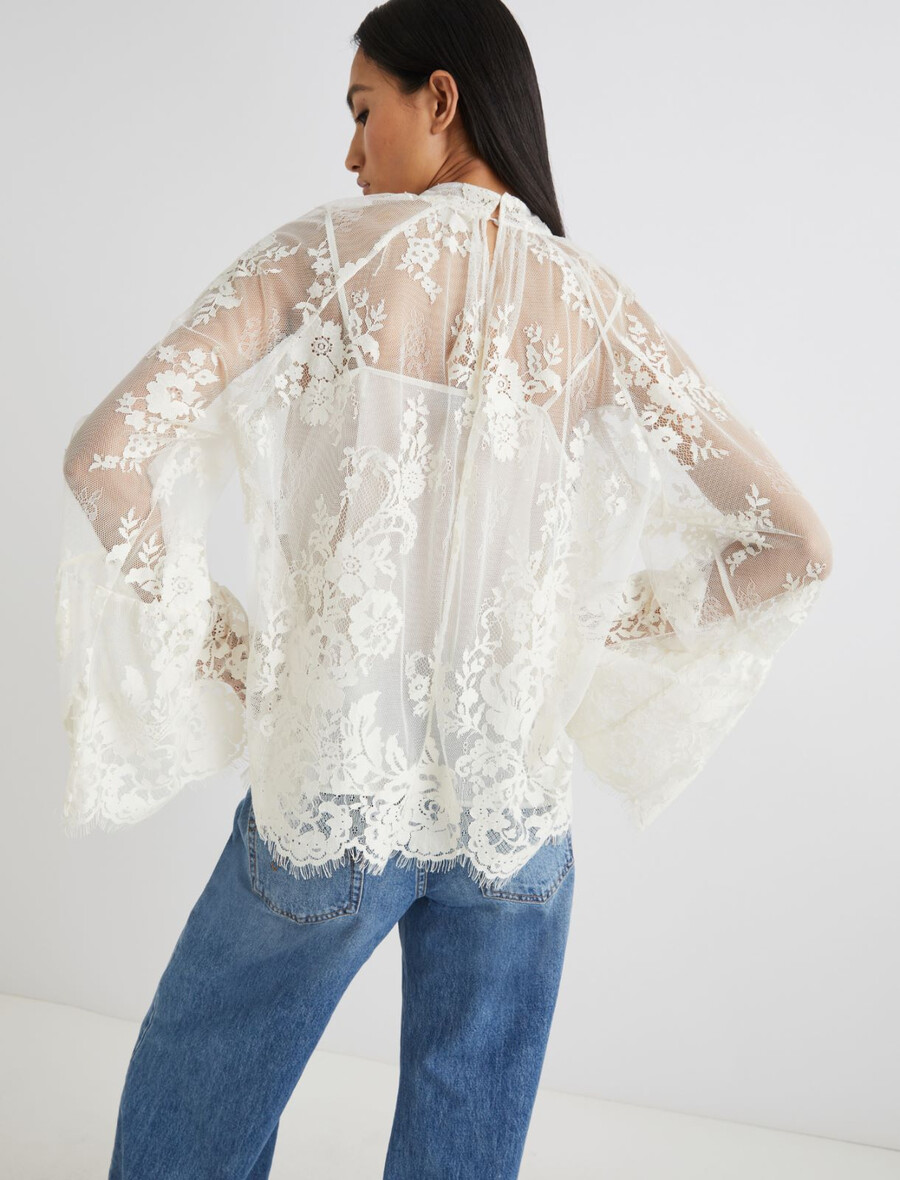blus med vågig chantilly-spets - crÈme
