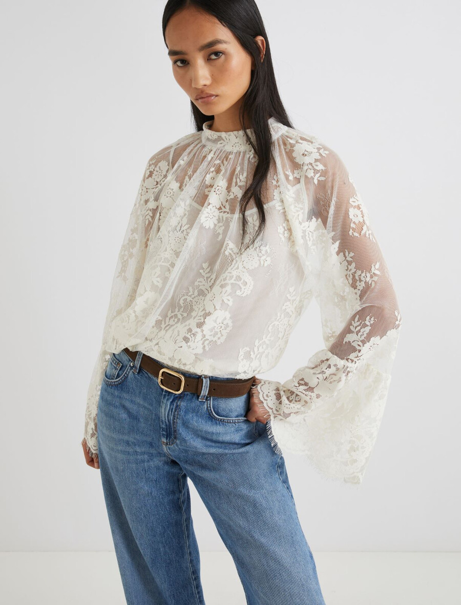 blus med vågig chantilly-spets - crÈme