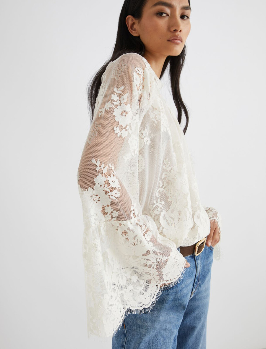 blus med vågig chantilly-spets - crÈme