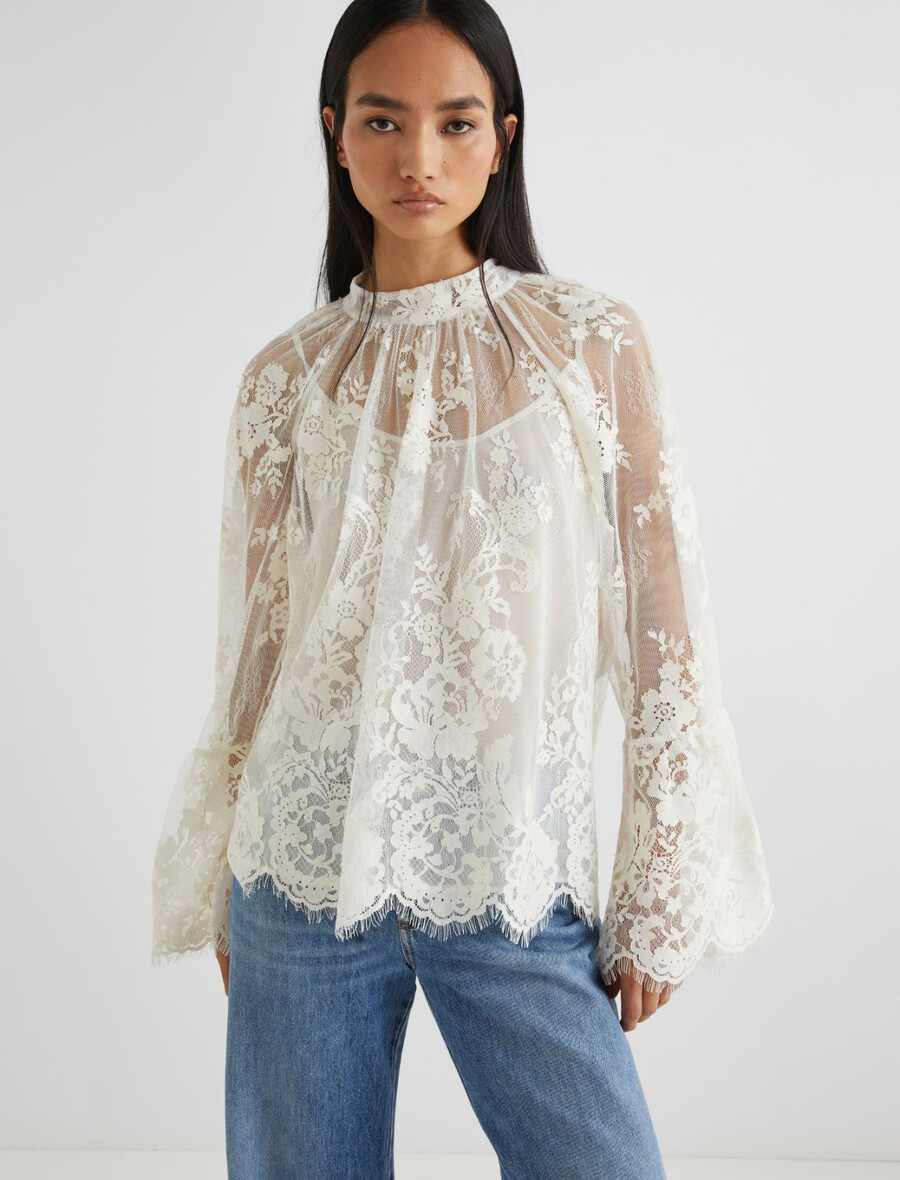 blus med vågig chantilly-spets - crÈme
