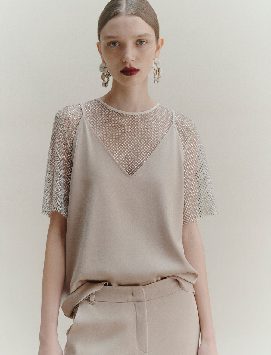 strassprydnads-t-shirt i mesh - wool white