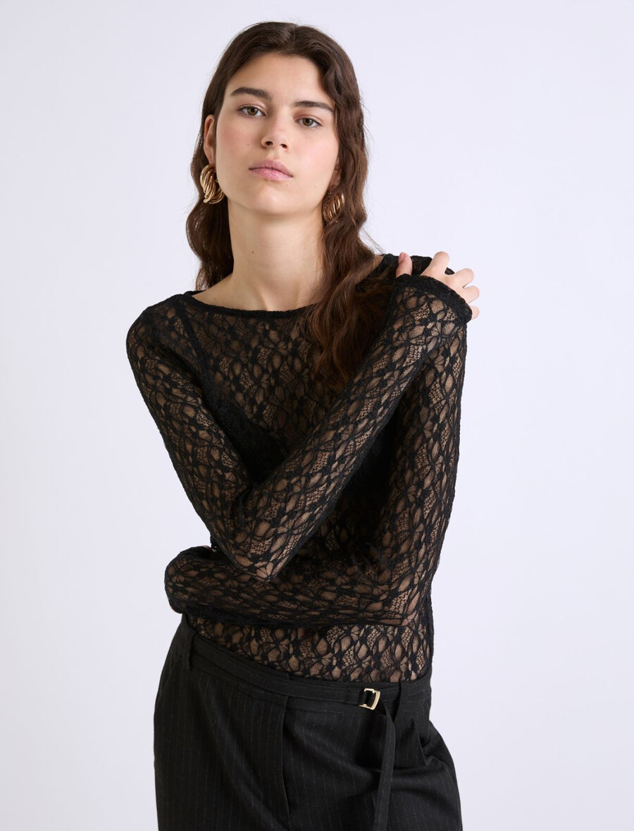 t-shirt med stretchig spets - svart